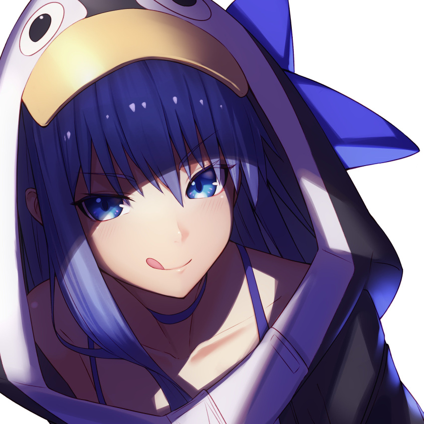 1girl :q absurdres bangs bare_shoulders blue_eyes choker close-up collarbone eyebrows_visible_through_hair face fate/grand_order fate_(series) fifty1202 hair_between_eyes highres hood licking licking_lips long_hair looking_at_viewer meltryllis penguin_hood purple_hair shaded_face simple_background solo tongue tongue_out tsurime white_background
