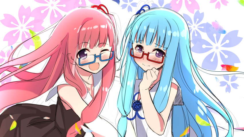 2girls ;d absurdres bangs bespectacled blue-framed_eyewear blue_hair blue_ribbon blush brown_dress closed_mouth dress eyebrows_visible_through_hair floral_background glasses hair_ribbon hand_up highres kotonoha_akane kotonoha_aoi long_hair looking_at_viewer multiple_girls one_eye_closed one_side_up open_mouth parutoneru red-framed_eyewear red_ribbon redhead ribbon semi-rimless_eyewear sidelocks sketch sleeveless sleeveless_dress smile tears under-rim_eyewear very_long_hair violet_eyes voiceroid white_background white_dress