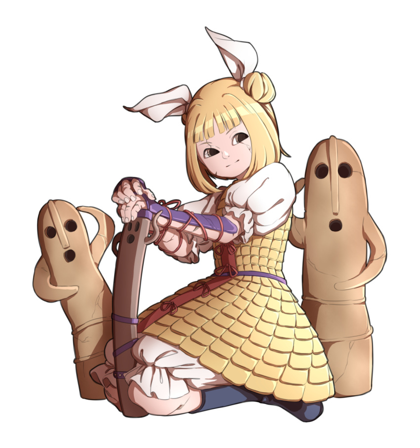 1girl arm_guards armor blonde_hair blue_footwear boots crack double_bun fingernails hair_ribbon haniwa_(statue) head_tilt highres joutougu_mayumi knee_boots light_smile looking_at_viewer mefomefo pants puffy_pants ribbon seiza short_hair simple_background sitting solo touhou white_background white_pants yellow_eyes