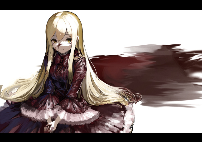 1girl blonde_hair blood blood_on_face bloody_hair bow bowtie dress gown hands_together highres koruse lace letterboxed long_hair looking_at_viewer looking_up original pool_of_blood shadow simple_background sitting smile solo white_background yellow_eyes