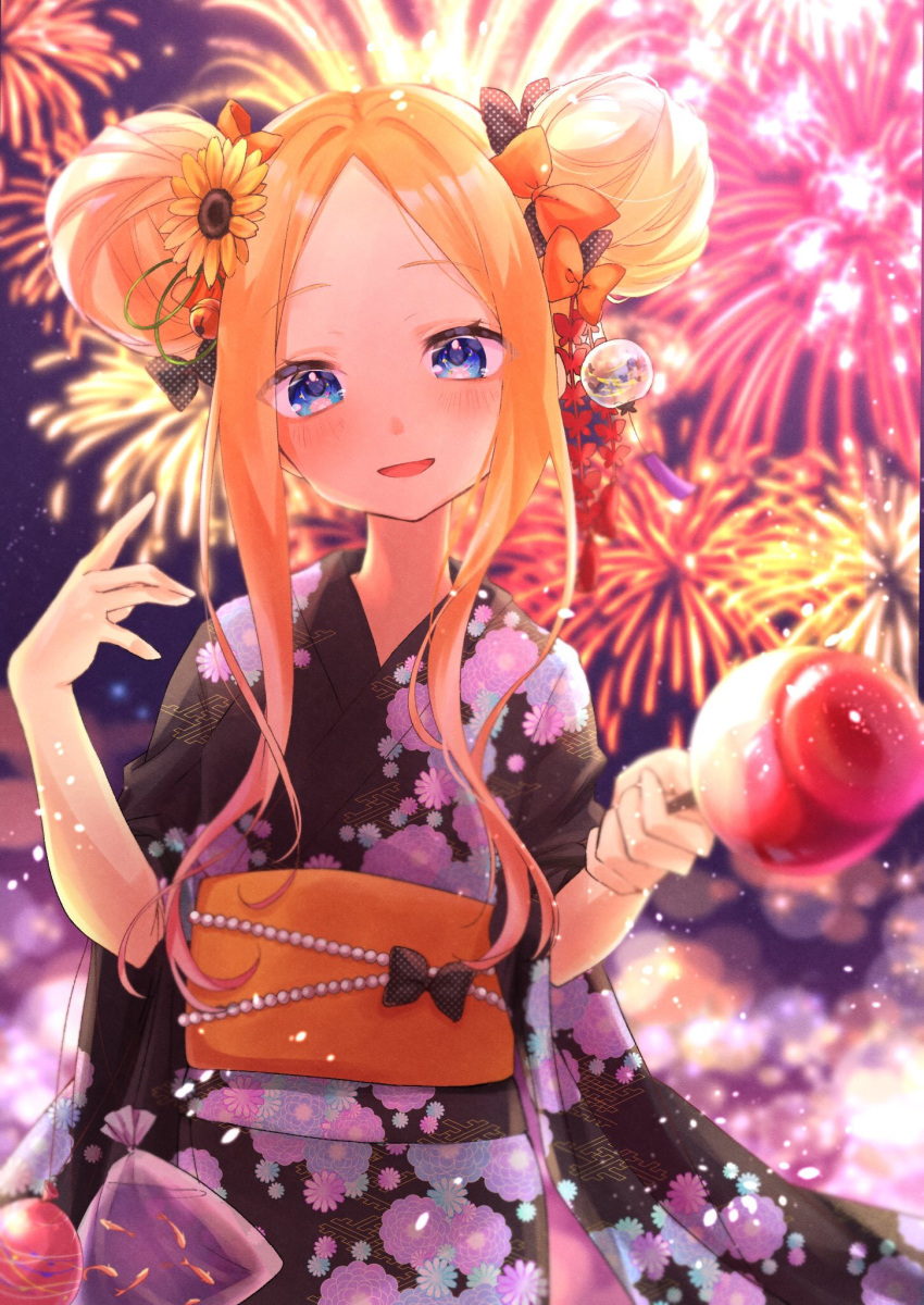 1girl :d abigail_williams_(fate/grand_order) aerial_fireworks arurun_mm bangs bell black_bow black_kimono blonde_hair blue_eyes blurry blurry_background blurry_foreground blush bow candy_apple commentary_request depth_of_field double_bun eyebrows_visible_through_hair fate/grand_order fate_(series) fireworks floral_print flower food forehead hair_bell hair_bow hair_flower hair_ornament head_tilt highres holding holding_food japanese_clothes jingle_bell kimono long_hair obi open_mouth orange_bow parted_bangs polka_dot polka_dot_bow print_kimono sash short_sleeves sidelocks smile solo sunflower sunflower_hair_ornament upper_body wide_sleeves wind_chime yellow_flower yukata