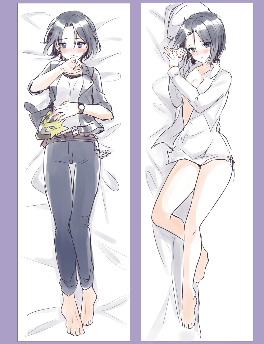 1girl absurdres bangs barefoot black_hair black_jacket black_pants blue_eyes blush breasts closed_mouth collarbone collared_shirt dakimakura dress_shirt eyebrows_visible_through_hair hair_between_eyes hands_up highres holding holding_mask ichiren_namiro jacket long_sleeves mask multiple_views naked_shirt no_pants nose_blush open_clothes open_jacket open_shirt pants parted_bangs parted_lips princess_connect! princess_connect!_re:dive shirogane_jun shirt short_hair short_sleeves small_breasts watch watch white_shirt