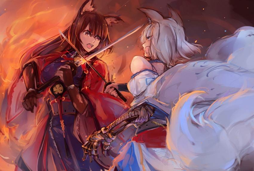 amagi_(azur_lane) animal_ears azur_lane bangs blue_eyes blunt_bangs breasts brown_hair choker eyebrows_visible_through_hair eyeshadow fox_ears fox_mask fox_tail hair_ornament hakama_skirt japanese_clothes kaga_(azur_lane) kaga_(battleship)_(azur_lane) katana kimono large_breasts long_hair makeup mask multiple_girls shika_(shika0) short_hair sword tail thick_eyebrows violet_eyes weapon white_hair wide_sleeves