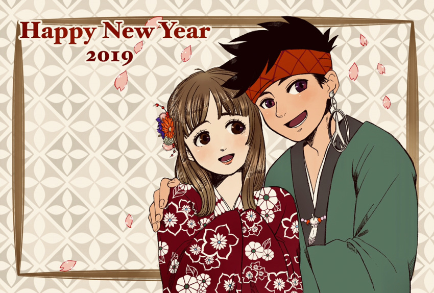 1boy 1girl 2019 arc_the_lad arc_the_lad_ii bandana black_hair blush brown_eyes brown_hair commentary_request elc_(arc_the_lad) flower hair_flower hair_ornament happy_new_year japanese_clothes kimono lieza long_hair looking_at_viewer marusa_(marugorikun) new_year open_mouth smile spiky_hair