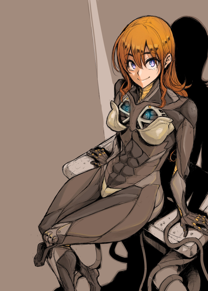 1girl abs absurdres commentary_request cyborg full_body highres long_hair looking_at_viewer mechanical orange_hair original shindou_l simple_background sitting smile solo thighs violet_eyes wire