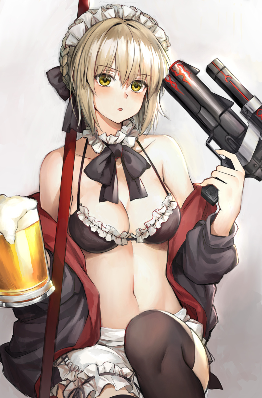1girl 666_(ro_ro_ro3) :o absurdres alcohol apron artoria_pendragon_(all) artoria_pendragon_(swimsuit_rider_alter) bangs bare_shoulders beer beer_mug bikini black_bikini black_bow black_jacket black_legwear black_swimsuit blonde_hair blush bow bowtie braid breasts collarbone commentary_request eyebrows_visible_through_hair fate/grand_order fate_(series) foam frills highres holding_water_gun jacket looking_at_viewer maid_bikini maid_headdress medium_breasts navel open_clothes ribbon short_hair solo swimsuit thigh-highs water_gun white_apron yellow_eyes