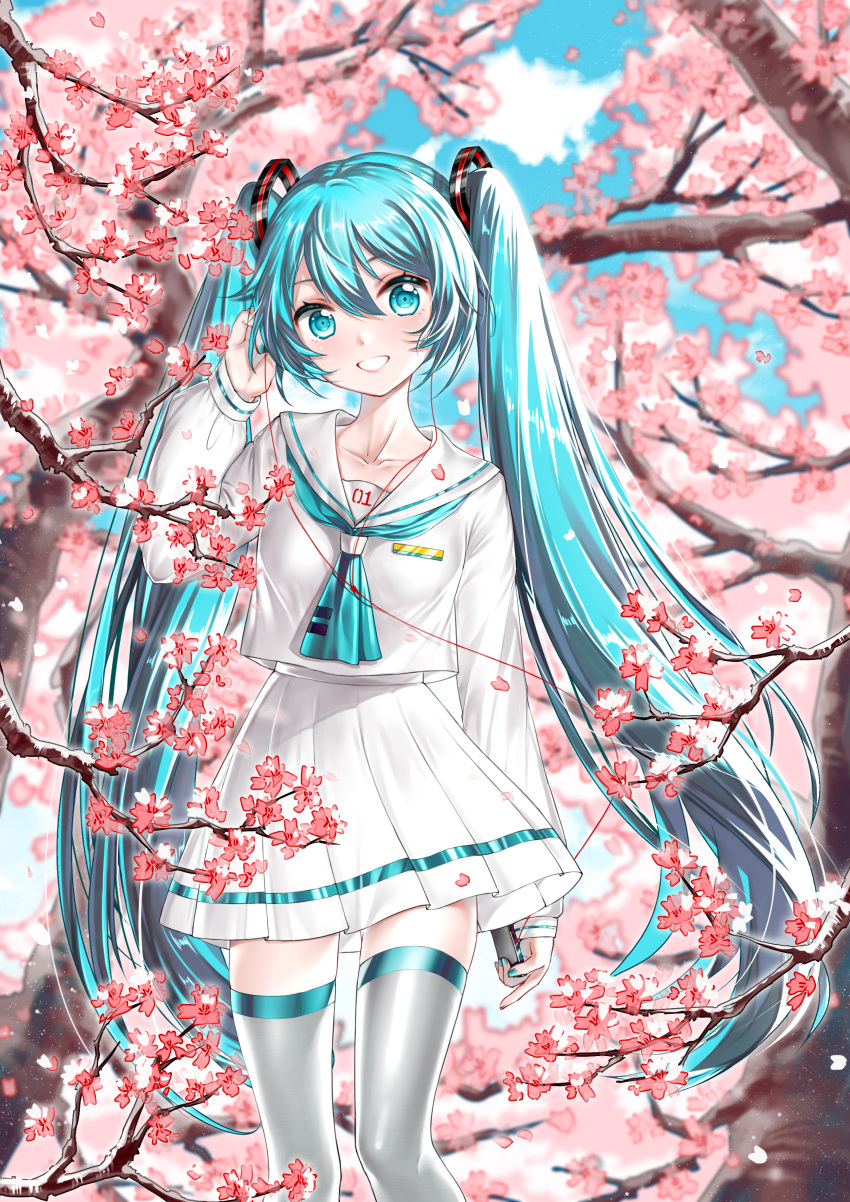 1girl absurdres aqua_eyes aqua_hair aqua_neckwear blue_sky branch cable cellphone cherry_blossoms chinese_commentary collarbone commentary_request cowboy_shot grey_legwear hair_ornament hand_on_ear hatsune_miku highres holding holding_phone light_blush long_hair looking_at_viewer neckerchief outdoors petals phone sailor_collar school_uniform serafuku shirt skirt sky smartphone smile solo standing thigh-highs tree twintails very_long_hair vocaloid white_shirt white_skirt zettai_ryouiki zhu_zi