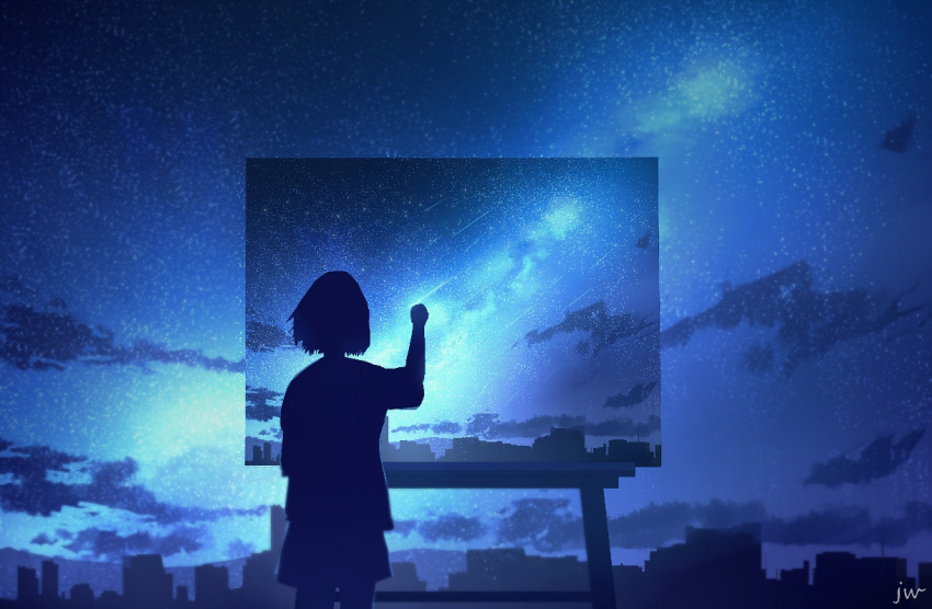 1girl blue_theme clouds dark easel from_behind hill night night_sky original painting painting_(object) scenery shooting_star short_hair short_sleeves signature silhouette skirt sky skyrick9413 star_(sky) starry_sky