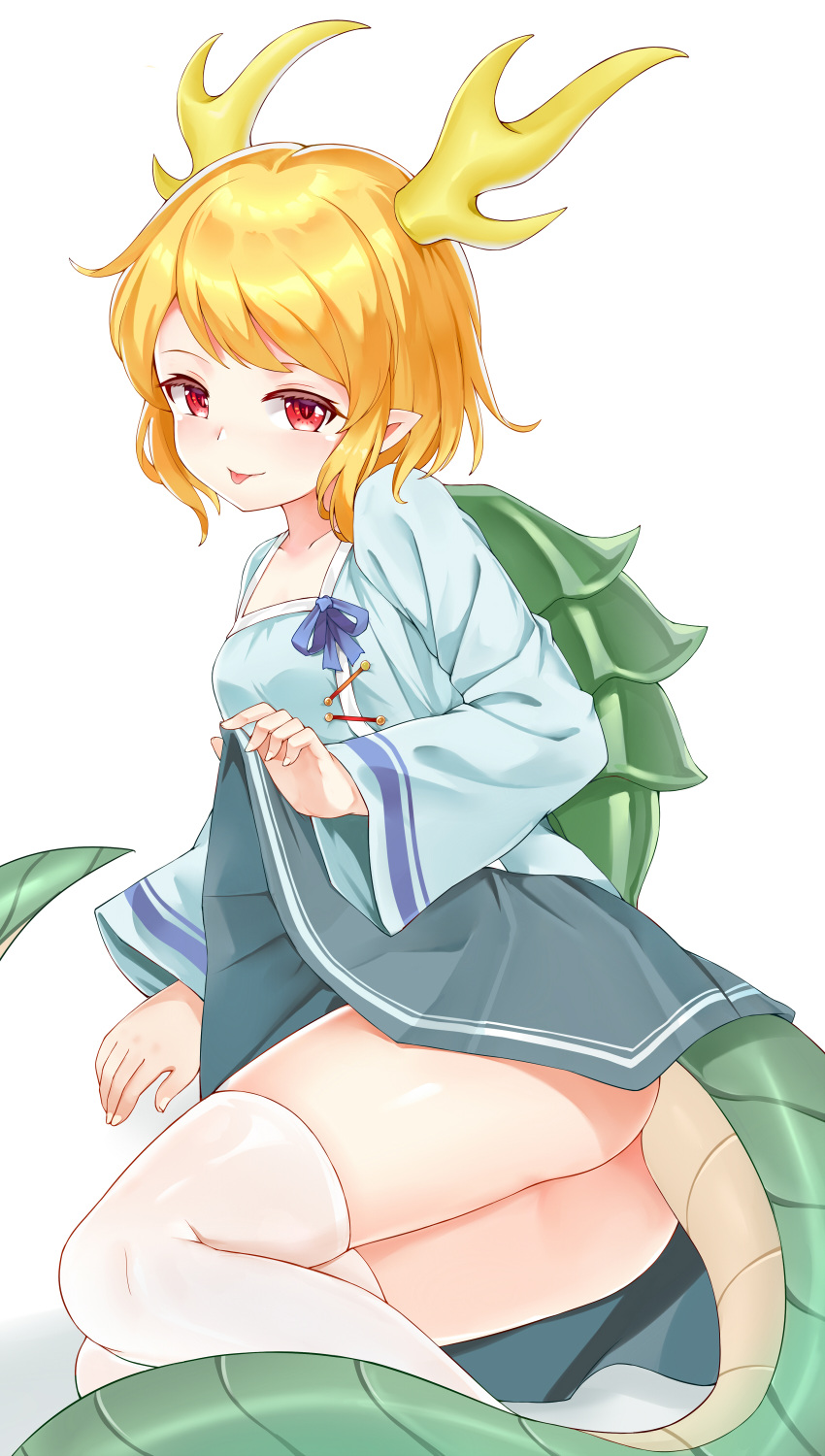 1girl :p absurdres ass blonde_hair blue_ribbon blue_shirt blue_skirt blush breasts bushi_(1622035441) collarbone commentary_request dragon_horns dragon_tail feet_out_of_frame highres horns kicchou_yachie lifted_by_self long_sleeves looking_at_viewer miniskirt pointy_ears red_eyes ribbon shirt short_hair sidelocks simple_background skirt skirt_lift small_breasts smile solo tail thigh-highs thighs tongue tongue_out touhou white_background white_legwear wide_sleeves