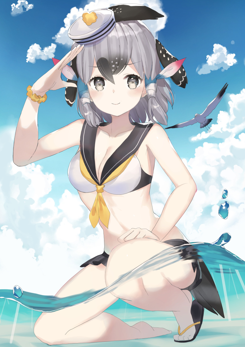 1girl absurdres animal bare_arms bare_shoulders bird bird_tail black_hair black_skirt blue_sky breasts clouds collarbone commentary_request day eyebrows_visible_through_hair flip-flops greater_roadrunner_(kemono_friends) grey_hair hair_tubes hat head_wings highres kemono_friends looking_at_viewer medium_breasts medium_hair mochorinpun multicolored_hair one_knee outdoors partially_underwater_shot sailor_bikini_top sailor_collar salute sandals scrunchie seagull skirt sky smile solo squatting tilted_headwear wading water wrist_scrunchie yellow_neckwear yellow_scrunchie