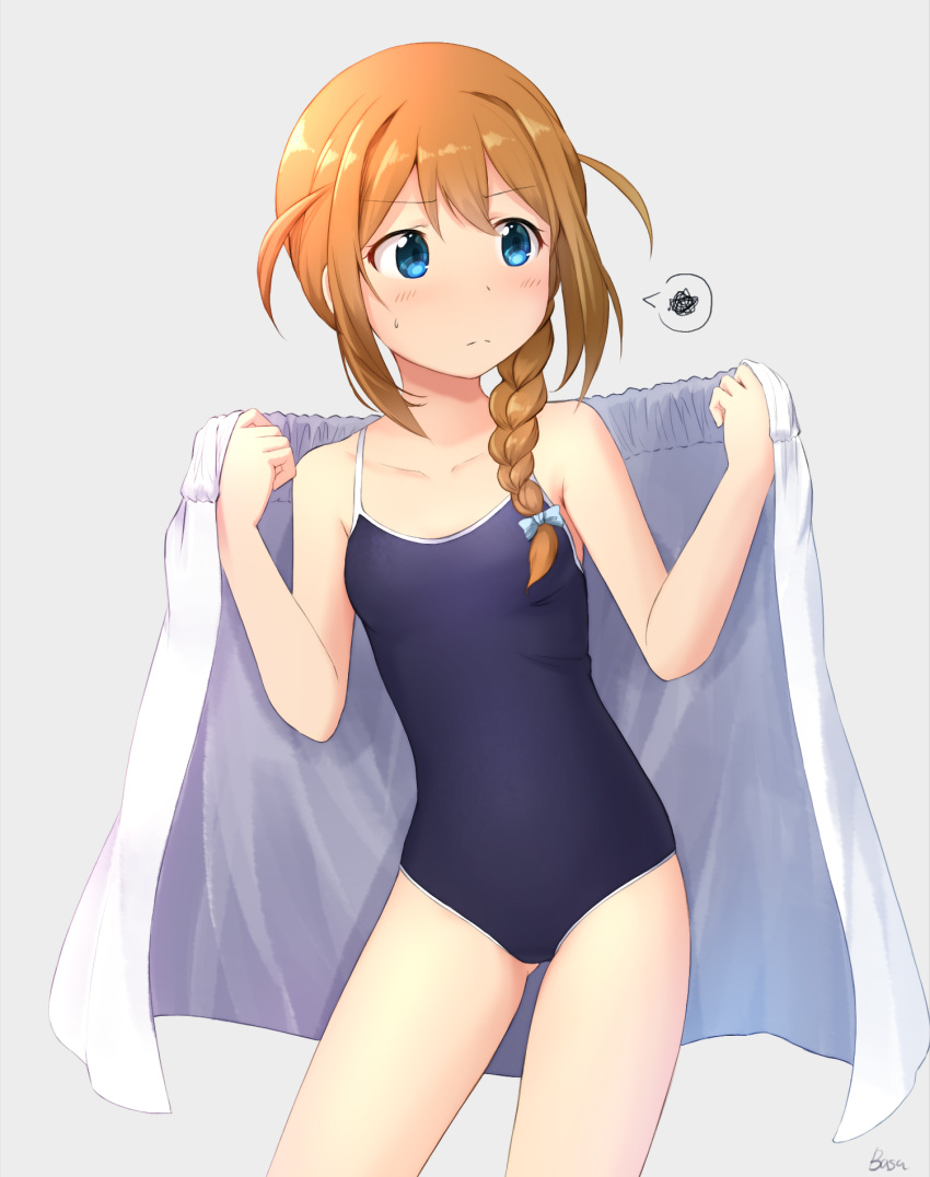 1girl ass_visible_through_thighs baba_konomi bangs bare_arms bare_shoulders basa_rutan blue_bow blue_eyes blue_swimsuit blush bow braid breasts brown_hair closed_mouth collarbone competition_school_swimsuit eyebrows_visible_through_hair grey_background hair_between_eyes hair_bow highres holding holding_towel idolmaster idolmaster_million_live! light_frown long_hair one-piece_swimsuit sidelocks signature simple_background single_braid small_breasts solo spoken_squiggle squiggle swimsuit towel