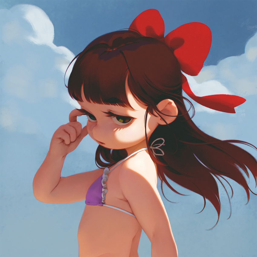 1girl alkemanubis arm_up bikini bikini_top bow brown_hair child clouds from_side green_eyes hair_bow highres long_hair looking_to_the_side open_mouth original outdoors purple_bikini_top ribbon sky solo swimsuit upper_body wind