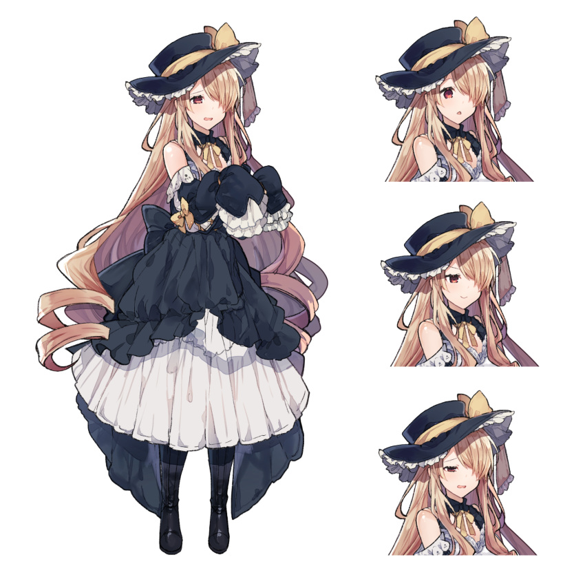 1girl :o bangs bare_shoulders black_dress black_footwear black_headwear boots brown_hair closed_mouth curly_hair detached_sleeves dress expressions frilled_dress frills full_body hair_over_one_eye half-closed_eyes hat hat_ribbon highres ikeuchi_tanuma long_dress long_hair long_sleeves open_mouth original red_eyes ribbon sidelocks sleeves_past_fingers sleeves_past_wrists smile solo standing v-shaped_eyebrows very_long_hair