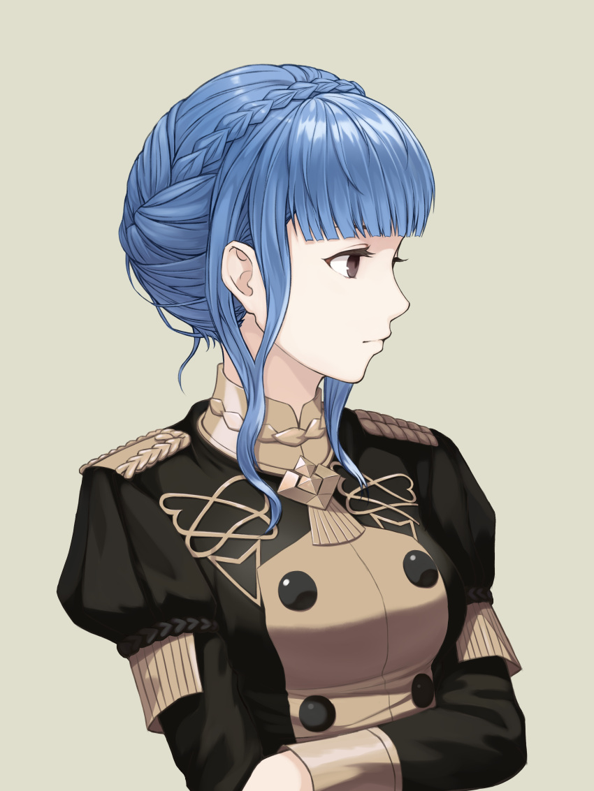 1girl absurdres bangs blue_hair blunt_bangs braid brown_eyes closed_mouth crossed_arms crown_braid dakkalot epaulettes fire_emblem fire_emblem:_three_houses grey_background highres long_hair long_sleeves marianne_von_edmund simple_background solo standing uniform upper_body