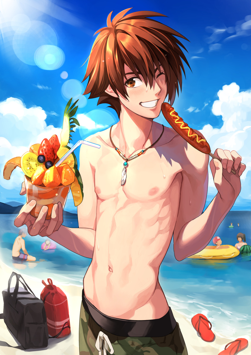absurdres bag beach blush character_request commentary_request drinking_straw food green_shorts grin highres hikaru_no_go holding holding_drink holding_food jewelry komeo15 looking_at_viewer male_focus necklace one_eye_closed outdoors red_eyes redhead short_hair shorts slippers smile solo_focus swimsuit topless water waya_yoshitaka