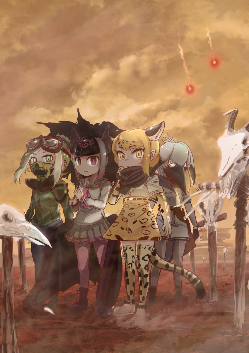 4girls absurdres animal_ears arm_at_side arms_at_sides bandana bandana_over_mouth bangs bat_ears bat_wings bird_tail black_eyes black_gloves black_hair blonde_hair bodystocking breast_pocket clouds cloudy_sky common_vampire_bat_(kemono_friends) covered_mouth day desert dust extra_ears fangs fuji_takanasu full_body gloves goggles goggles_on_head green_eyes green_hair grey_hair grey_shirt grey_shorts hair_between_eyes hand_up hands_up high-waist_skirt highres holding holding_umbrella jacket jaguar_(kemono_friends) jaguar_ears jaguar_print jaguar_tail kemono_friends long_hair long_sleeves looking_at_viewer low_ponytail mask multicolored_hair multiple_girls necktie outdoors pants pantyhose parted_lips pink_pupils pocket post-apocalypse print_gloves print_legwear print_skirt saltwater_crocodile_(kemono_friends) scarf shirt shoebill_(kemono_friends) shoes short_hair short_over_long_sleeves short_sleeves shorts side_ponytail sidelocks skirt skull sky slit_pupils standing tail thigh-highs torn_umbrella umbrella wind wings yellow_eyes zettai_ryouiki