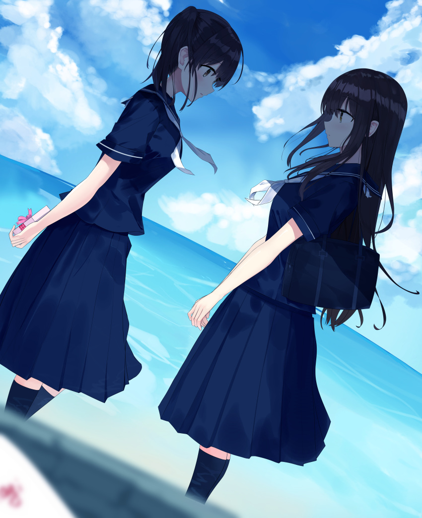 2girls absurdres akagi_(kantai_collection) arms_behind_back bag black_legwear blue_shirt blue_skirt blue_sky blush breasts brown_hair clouds commentary_request day highres japanese_clothes kaga_(kantai_collection) kantai_collection kneehighs large_breasts long_hair long_skirt looking_at_another multiple_girls outdoors pleated_skirt revision school_uniform shirt short_hair short_sleeves side_ponytail skirt sky standing straight_hair water wind zhiyou_ruozhe