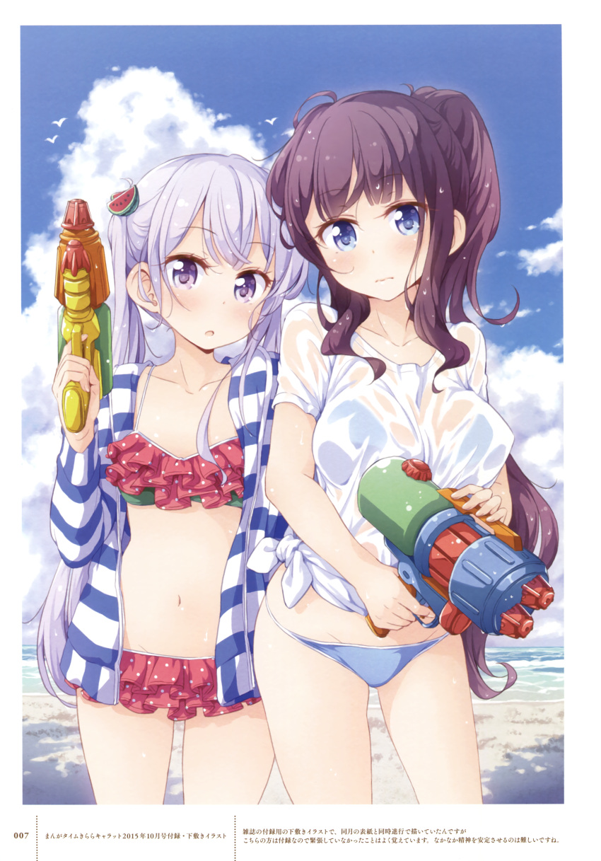 2girls absurdres ball beachball bikini blue_bikini blue_eyes blush breasts day flat_chest food_themed_hair_ornament frilled_bikini frills hair_ornament highres large_breasts lavender_hair looking_at_viewer multiple_girls navel new_game! official_art outdoors polka_dot polka_dot_bikini ponytail purple_hair red_bikini scan see-through shirt suzukaze_aoba swimsuit takimoto_hifumi tokunou_shoutarou twintails violet_eyes water_gun watermelon_hair_ornament wet wet_clothes wet_shirt