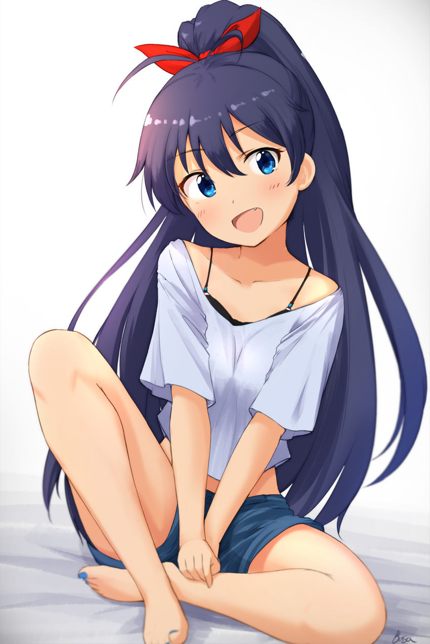 1girl :d antenna_hair bangs basa_rutan bed_sheet between_legs blue_eyes blue_hair blue_nails blue_shorts blush collarbone eyebrows_visible_through_hair fang ganaha_hibiki hair_between_eyes hair_ribbon hand_between_legs head_tilt high_ponytail highres idolmaster idolmaster_(classic) open_mouth ponytail red_ribbon ribbon shirt short_shorts short_sleeves shorts sidelocks signature sitting smile solo toenail_polish toenails white_shirt