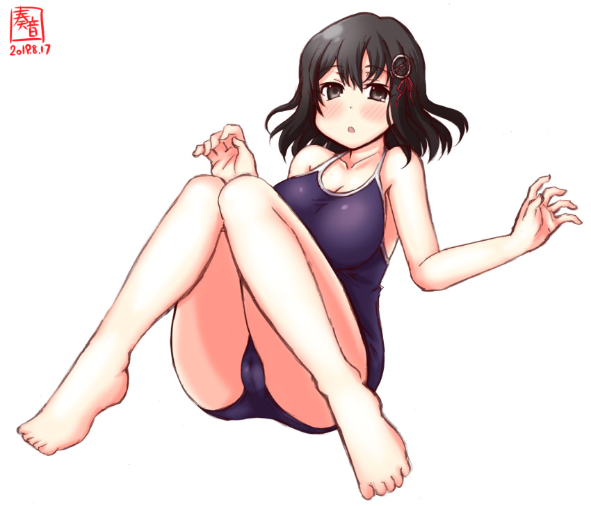 1girl artist_logo barefoot black_hair blue_swimsuit brown_eyes collarbone commentary_request competition_school_swimsuit dated full_body haguro_(kantai_collection) hair_ornament highres kanon_(kurogane_knights) kantai_collection looking_at_viewer short_hair simple_background solo swimsuit white_background