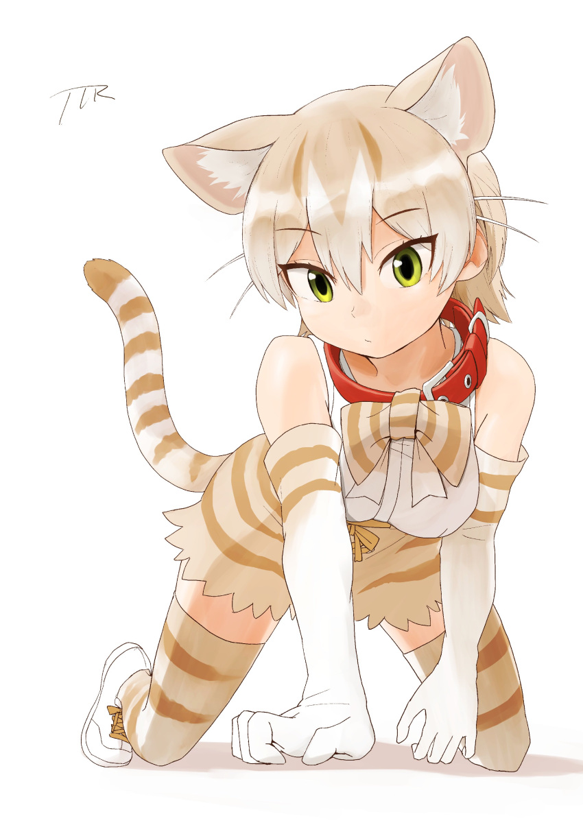 1girl absurdres animal_ear_fluff animal_ears animal_print bare_shoulders blonde_hair bow bowtie cat_(kemono_friends) cat_ears cat_girl cat_print cat_tail collar elbow_gloves extra_ears eyebrows_visible_through_hair gloves green_eyes high-waist_skirt highres kemono_friends multicolored_hair print_gloves print_legwear print_neckwear print_skirt red_collar shoes short_hair skirt sleeveless sneakers solo tail thigh-highs totori_(ttr_oti) whiskers white_footwear white_hair zettai_ryouiki