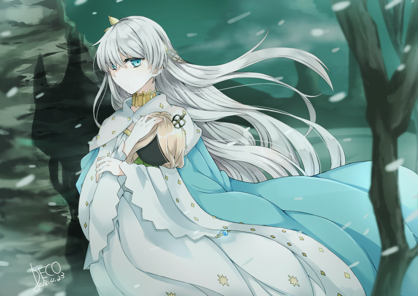 1girl 2018 anastasia_(fate/grand_order) artist_name bangs bare_tree blue_cloak blue_eyes cloak closed_mouth dated doll dress fate/grand_order fate_(series) floating_hair hair_between_eyes highres holding holding_doll long_hair long_sleeves looking_at_viewer misoradeko outdoors silver_hair snow snowing solo straight_hair tree very_long_hair white_dress wide_sleeves