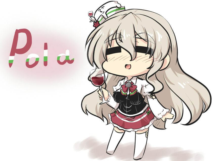 1girl blush breasts character_name chibi commentary_request cup drinking_glass eyebrows_visible_through_hair goma_(gomasamune) grey_hair hair_between_eyes hat highres juliet_sleeves kantai_collection living_clothes long_hair long_sleeves open_mouth pola_(kantai_collection) puffy_sleeves shadow sidelocks skirt smile solo standing thigh-highs wine_glass