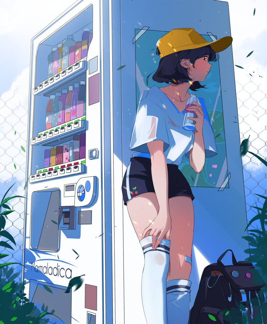1girl absurdres adjusting_clothes adjusting_legwear artist_name backpack backpack_removed bag bangs baseball_cap black_hair blue_shorts bottle chain-link_fence clouds cloudy_sky collarbone commentary day earrings english_commentary feet_out_of_frame fence hat heart heart_earrings highres holding holding_bottle jewelry leaf looking_to_the_side marmalade_(elfless_vanilla) original outdoors plant shade shirt short_hair short_sleeves shorts sky solo standing summer sweat thigh-highs white_legwear white_shirt yellow_headwear