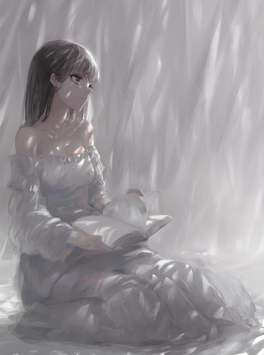1girl bangs bare_shoulders book breasts brown_eyes brown_hair closed_mouth curtains dress frilled_dress frills highres holding holding_book kisei2 long_hair long_sleeves looking_away off-shoulder_dress off_shoulder open_book original sideways_mouth sitting sketch small_breasts solo transparent wariza white_dress wide_sleeves