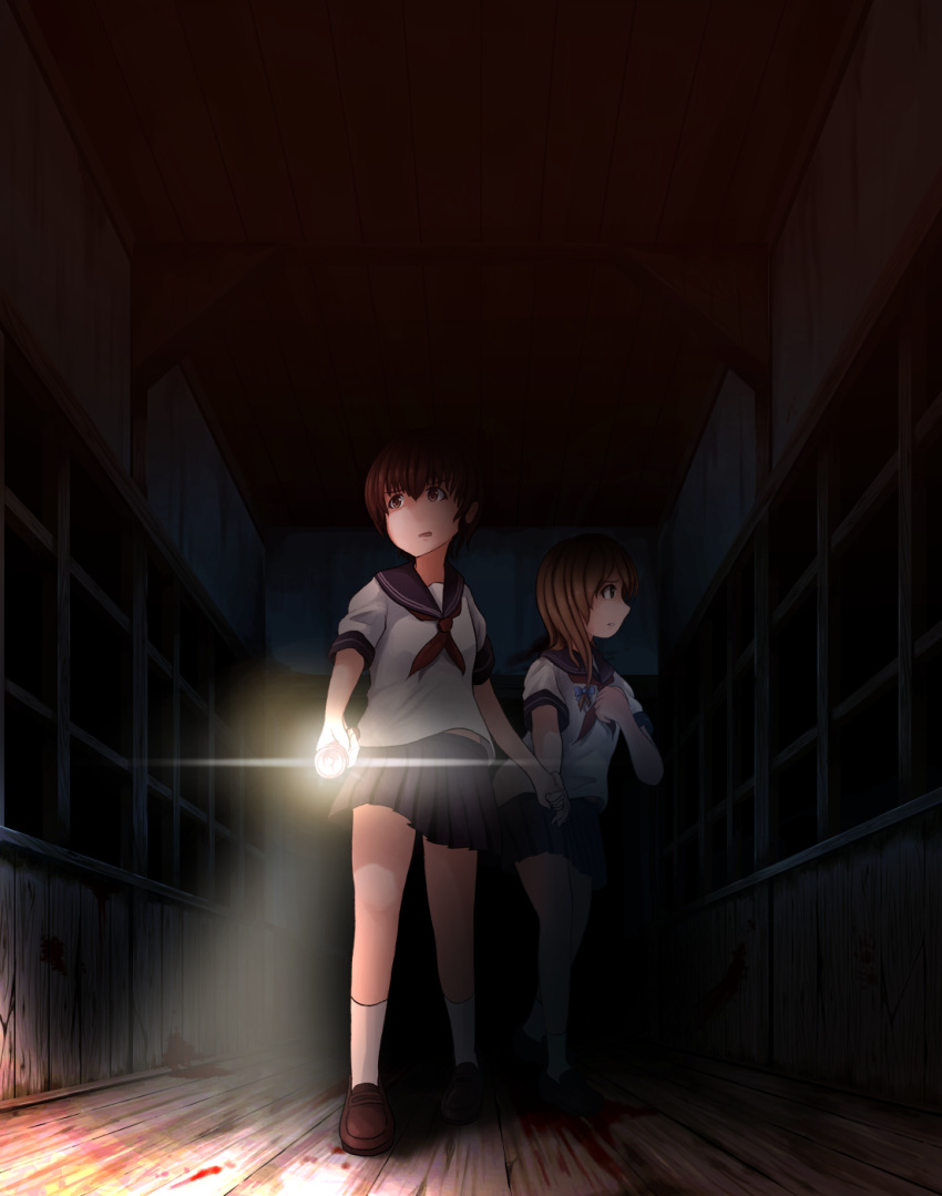 2girls 99_(hosinosensei) blood bow brown_eyes brown_hair commentary dark flashlight hair_bow highres holding_hands light_brown_hair loafers looking_to_the_side multiple_girls night original school school_uniform serafuku shoes vanishing_point walking wooden_floor