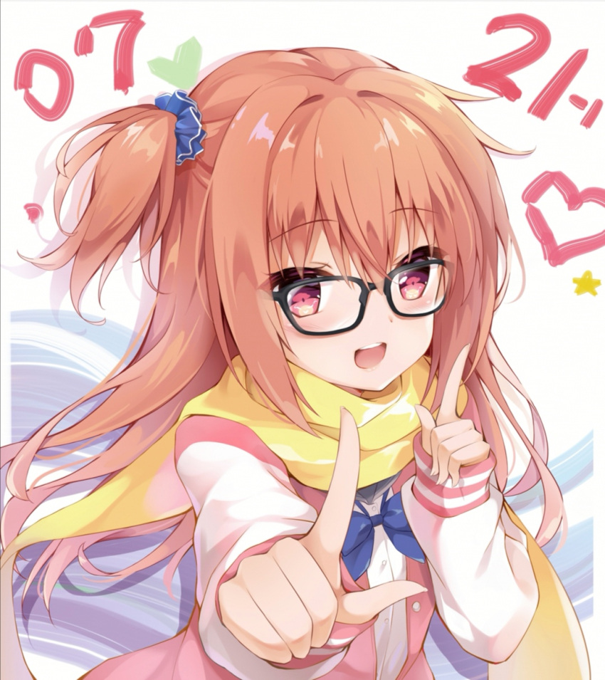 1girl :d bangs black-framed_eyewear blue_bow blue_scrunchie blush bow brown_hair cannian_dada dress_shirt eyebrows_visible_through_hair glasses hair_between_eyes hair_ornament hair_scrunchie heart highres inaba_meguru jacket koi_dance long_sleeves one_side_up open_clothes open_jacket open_mouth pink_jacket red_eyes round_teeth sanoba_witch scarf scrunchie shirt sidelocks smile solo star teeth upper_teeth white_shirt yellow_scarf