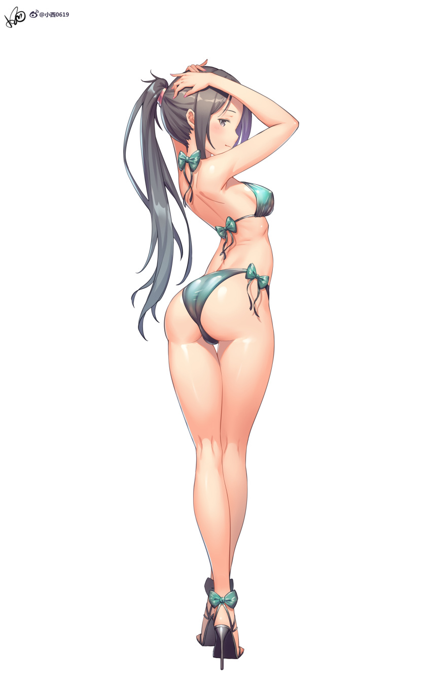 1girl absurdres ass bikini breasts butt_crack commentary_request from_side full_body green_bikini grey_hair hands_on_own_head high_heels highres konishi_(565112307) medium_breasts original ponytail ponytail_holder side-tie_bikini sidelocks signature standing swimsuit violet_eyes white_background