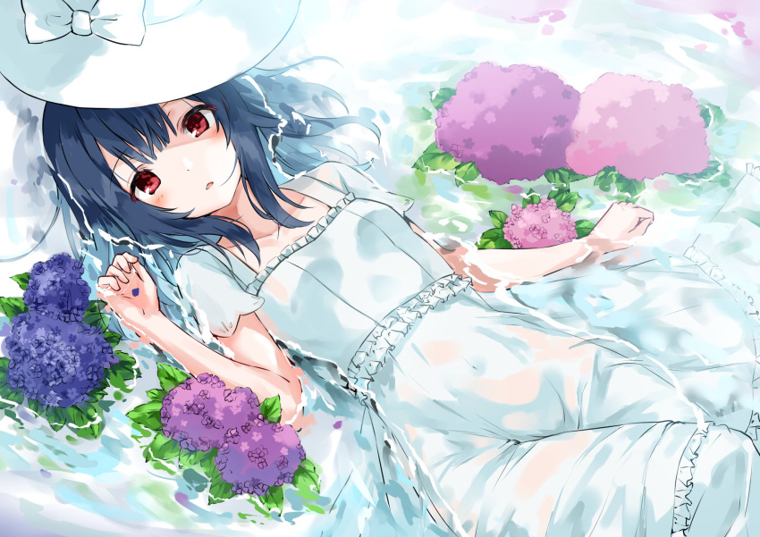 1girl blue_hair blush covered_navel dress flower flower_request hat hat_removed headwear_removed highres idolmaster idolmaster_shiny_colors looking_at_viewer lying minikon morino_rinze on_back parted_lips partially_submerged red_eyes short_hair short_sleeves solo sun_hat water wet wet_clothes white_dress white_headwear