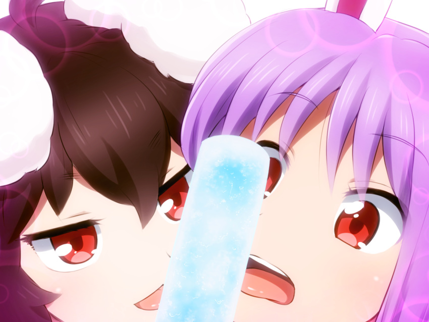 2girls :p ahoge animal_ears bangs black_hair close-up commentary_request eyebrows_visible_through_hair food hair_between_eyes inaba_tewi lens_flare licking multiple_girls open_mouth popsicle purple_hair rabbit_ears red_eyes reisen_udongein_inaba shirosato tongue tongue_out touhou white_background