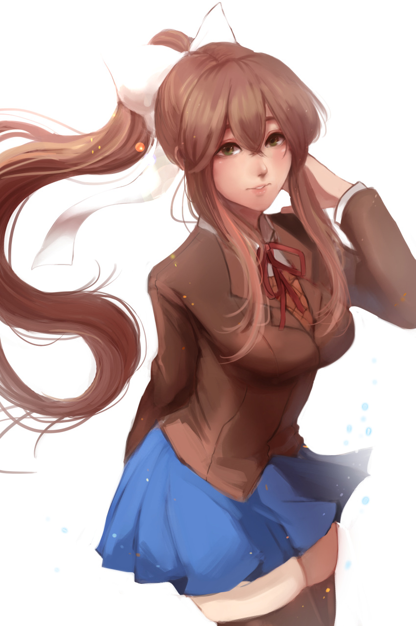 1girl absurdres bangs black_legwear blue_skirt breasts brown_hair collared_shirt cowboy_shot doki_doki_literature_club green_eyes hair_between_eyes hair_ribbon highres jacket lips long_hair long_ponytail looking_at_viewer miniskirt monika_(doki_doki_literature_club) open_mouth parted_lips pleated_skirt ponytail rayrie ribbon school_uniform shirt simple_background skirt socks solo thigh-highs thighs very_long_hair white_background white_ribbon zettai_ryouiki