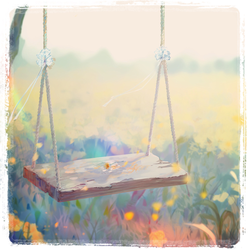 blurry blurry_background blurry_foreground day depth_of_field field flower highres kisei2 no_humans original outdoors paper petals ribbon rope scenery swing white_flower white_ribbon yellow_flower