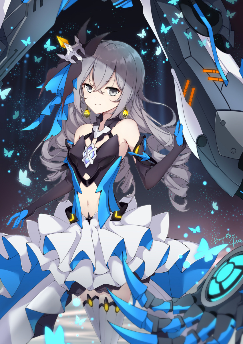1girl bangs black_gloves blush breasts bronya_zaychik bronya_zaychik_(herrscher_of_reason) bug butterfly center_opening crossed_bangs dress drill_hair earrings elbow_gloves gloves hair_ornament highres honkai_(series) honkai_impact_3rd insect jewelry layered_dress long_hair looking_at_viewer poinia project_bunny quad_drills silver_hair small_breasts solo thigh-highs white_legwear