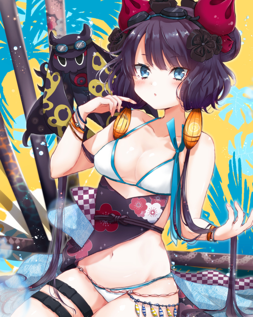 1girl :o absurdres bangs belly_chain bikini blue_eyes blush bracelet breasts collarbone fate/grand_order fate_(series) floral_print goggles goggles_on_head hair_ornament highres jewelry katana katsushika_hokusai_(fate/grand_order) katsushika_hokusai_(swimsuit_saber)_(fate) long_hair looking_at_viewer medium_breasts octopus purple_hair sidelocks strap_gap swimsuit sword thigh_strap tokitarou_(fate/grand_order) touko_56 very_long_hair weapon white_bikini