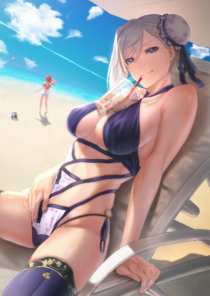 2girls asymmetrical_hair bangs bare_shoulders beach between_breasts bikini blue_bikini blue_eyes blue_legwear blush breasts bubble_tea bubble_tea_challenge bun_cover collarbone cup disposable_cup drinking_straw fate/grand_order fate_(series) fujimaru_ritsuka_(female) hair_bun highres large_breasts long_hair looking_at_viewer miyamoto_musashi_(fate/grand_order) miyamoto_musashi_(swimsuit_berserker)_(fate) mugetsu2501 multiple_girls navel object_on_breast pink_hair sitting smile solo solo_focus swept_bangs swimsuit thigh-highs thighs
