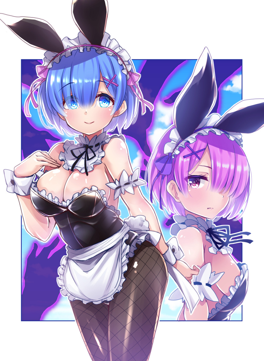 2girls absurdres adapted_costume animal_ears apron black_legwear black_leotard blue_eyes blue_hair blue_ribbon bow bowtie bunny_girl bunny_tail bunnysuit collar cowboy_shot detached_collar fishnet_pantyhose fishnets frilled_collar frills hair_ornament hair_over_one_eye hair_ribbon highres leotard looking_at_viewer maid_headdress multiple_girls pantyhose pink_hair pink_ribbon rabbit_ears ram_(re:zero) re:zero_kara_hajimeru_isekai_seikatsu red_eyes red_ribbon rem_(re:zero) ribbon short_hair siblings solo_focus strapless strapless_leotard tail twins waist_apron white_apron white_background wrist_cuffs x_hair_ornament yunodon_(sugar_maple)