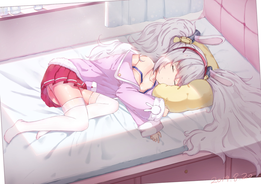 1girl animal_ears azur_lane bangs bare_shoulders bed_sheet camisole closed_eyes collarbone commentary_request fake_animal_ears hairband highres jacket laffey_(azur_lane) long_hair lying no_shoes off_shoulder on_bed on_side pillow pleated_skirt rabbit_ears red_skirt sidelocks silver_hair skirt sleeping snow_(676528662) solo strap_slip sunlight thigh-highs twintails white_legwear window window_shade