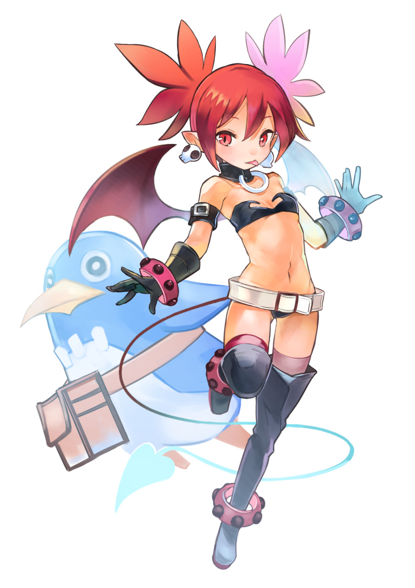 1girl bare_shoulders belt black_choker black_gloves black_legwear bracelet choker demon_tail demon_wings disgaea earrings etna fanny_pack flat_chest full_body gloves highres jewelry makai_senki_disgaea navel pointy_ears prinny red_eyes redhead short_hair skull_earrings soraao_(aokabi) standing standing_on_one_leg tail thigh-highs tongue tongue_out twintails wings