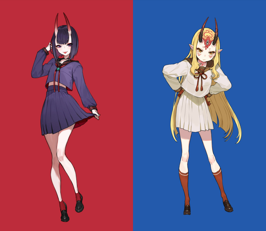 2girls alternate_costume bangs blonde_hair blue_background blush bob_cut breasts closed_mouth crop_top crop_top_overhang eyeliner facial_mark fate/grand_order fate_(series) forehead_mark frown full_body hair_pulled_back hands_on_hips highres horns ibaraki_douji_(fate/grand_order) kneehighs legs loafers long_hair long_sleeves looking_at_viewer makeup multiple_girls navel oni oni_horns pleated_skirt pointy_ears purple_hair purple_shirt purple_skirt red_background red_legwear sailor_collar school_uniform serafuku shirt shoes short_eyebrows short_hair shuten_douji_(fate/grand_order) sidelocks simple_background skirt small_breasts smile tongue tongue_out two-tone_background violet_eyes white_shirt white_skirt yellow_eyes yuu_(higashi_no_penguin)