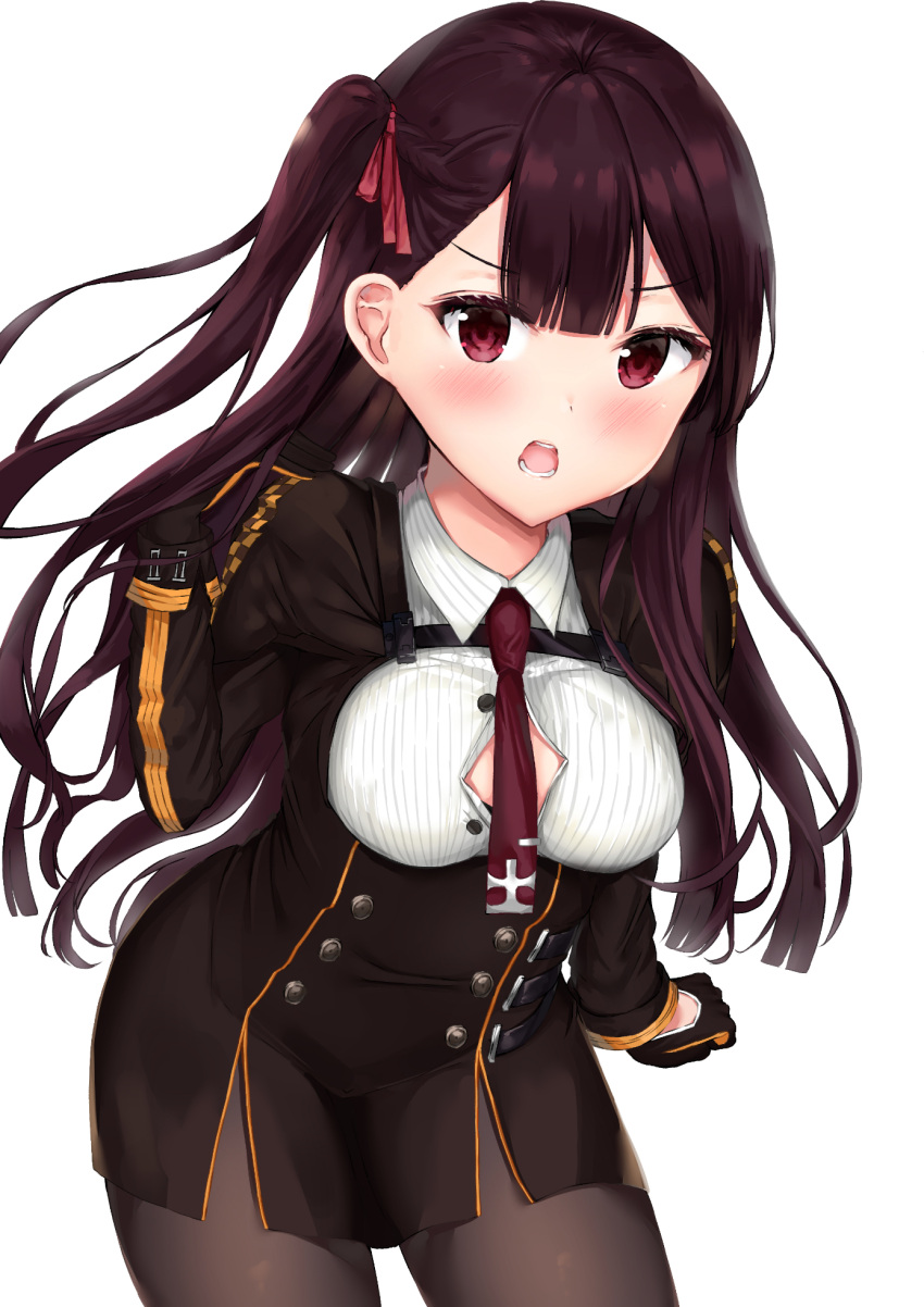 1girl bachibachi_(tisen) black_gloves black_jacket blush breasts brown_legwear collared_shirt cowboy_shot framed_breasts girls_frontline gloves hair_ribbon hand_up highres jacket long_hair long_sleeves looking_at_viewer medium_breasts necktie one_side_up open_mouth pantyhose purple_hair red_eyes red_neckwear red_ribbon ribbon shirt simple_background solo standing v-shaped_eyebrows wa2000_(girls_frontline) white_background white_shirt wing_collar