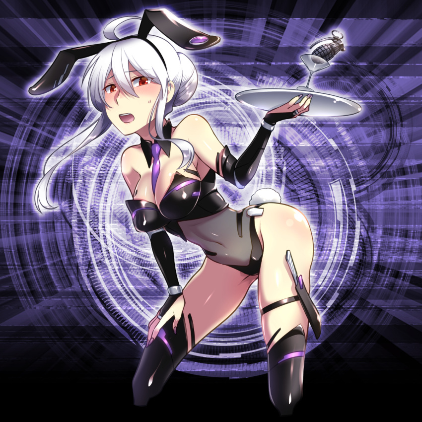 1girl ahoge animal_ears blush bunny_girl bunnysuit caffein cocktail_glass cowboy_shot cup drinking_glass explosive grenade highres long_hair looking_at_viewer necktie open_mouth plate ponytail rabbit_ears red_eyes see-through silver_hair solo vocaloid voyakiloid yowane_haku