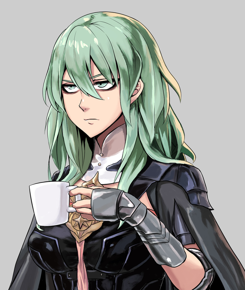 1girl annoyed aqua_eyes aqua_hair arm_guards bags_under_eyes bangs black_cape breasts byleth_(fire_emblem) byleth_eisner_(female) cape closed_mouth coffee_mug cup damagefloor fire_emblem fire_emblem:_three_houses grey_background hair_between_eyes half-closed_eyes highres holding holding_cup large_breasts long_hair mug pauldrons shoulder_armor simple_background solo spoilers upper_body v-shaped_eyebrows vambraces