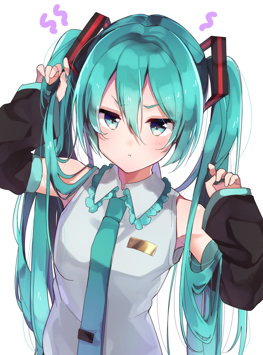 1girl :t aqua_eyes aqua_neckwear armpits bangs bare_shoulders collared_shirt detached_sleeves frills goroo_(eneosu) grey_shirt hair_between_eyes hair_ornament hands_up hatsune_miku highres holding holding_hair long_hair long_sleeves looking_at_viewer necktie pout shirt simple_background solo twintails upper_body v-shaped_eyebrows vocaloid white_background