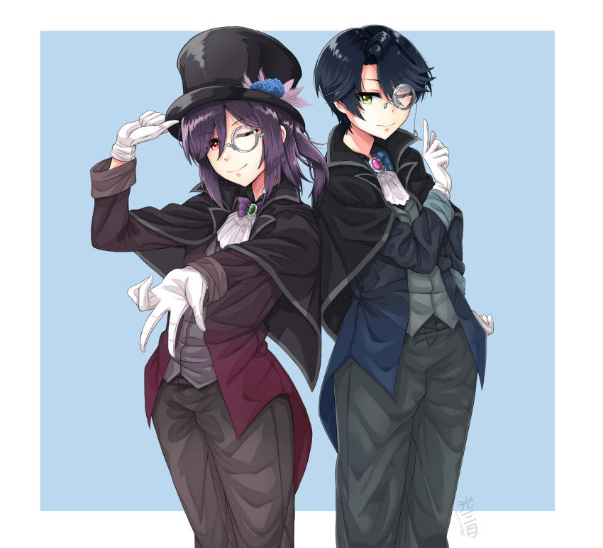 2girls absurdres adjusting_headwear bang_dream! bangs black_cape black_hair black_headwear black_pants blue_background blue_bow blue_flower blue_hair bow brooch cape cravat far_is_a flower formal gekkan_shoujo_nozaki-kun glasses gloves green_eyes hat hat_flower hello_happy_world! highres index_finger_raised jewelry kashima_yuu long_sleeves multiple_girls one_eye_closed outstretched_hand pants parted_bangs pince-nez purple_bow purple_hair red_eyes seta_kaoru short_hair suit white_gloves white_neckwear