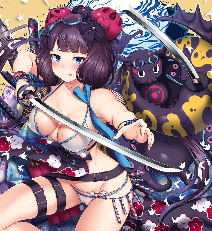 1girl :p absurdres animal arms_up bangle bangs bare_shoulders belt bikini blue_eyes blush bracelet breasts collarbone fate/grand_order fate_(series) fighting_stance floral_print flower goggles goggles_on_head grey_background hair_flower hair_ornament hand_up highres hitotsuki_nebura holding holding_sword holding_weapon jewelry katana katsushika_hokusai_(fate/grand_order) katsushika_hokusai_(swimsuit_saber)_(fate) long_hair looking_at_viewer low_twintails medium_breasts multiple_swords octopus purple_hair sheath sitting skindentation small_breasts standing swimsuit sword tokitarou_(fate/grand_order) tongue tongue_out twintails very_long_hair water weapon wet white_bikini