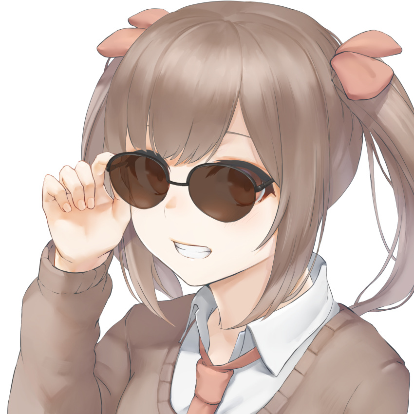 1girl :d brown_hair brown_sweater collared_shirt grin hair_ornament hand_on_eyewear hand_up highres long_hair long_sleeves looking_at_viewer marulire morinaga_miu morinaga_miu_channel necktie open_mouth orange_eyes over-rim_eyewear semi-rimless_eyewear shirt simple_background smile solo sunglasses sweater twintails undershirt upper_body virtual_youtuber white_background white_shirt